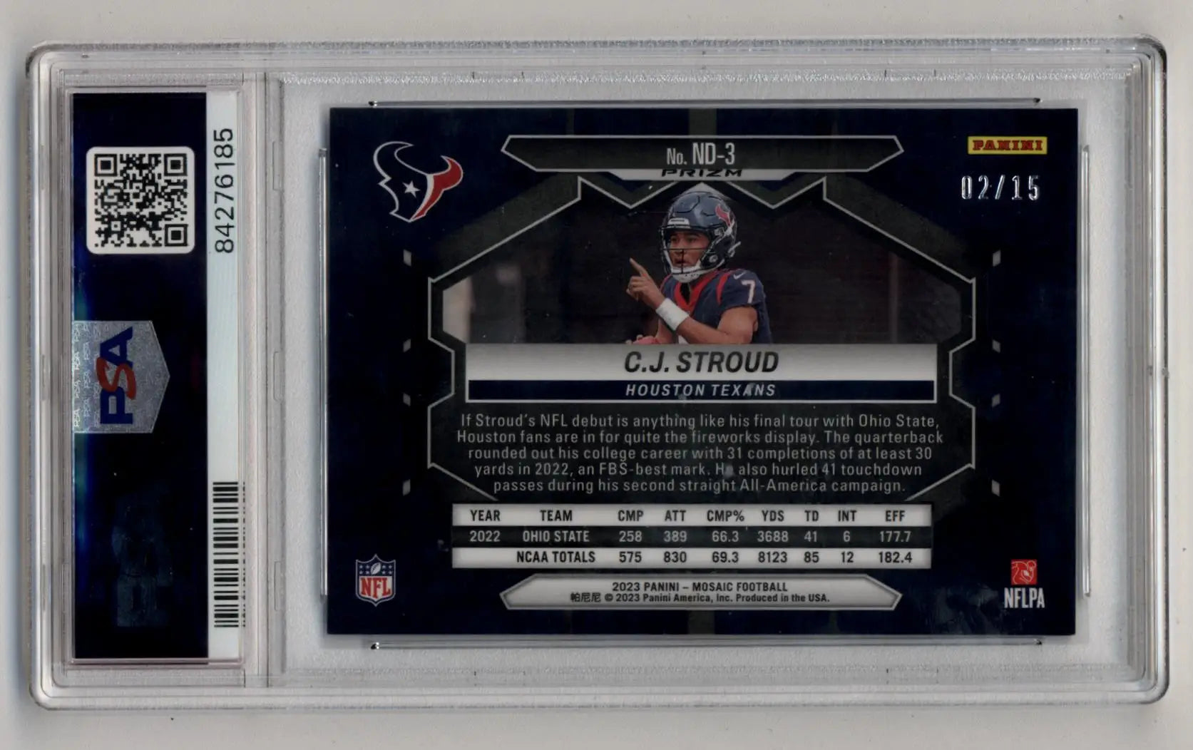 C.J Stroud 2023 Mosaic NFL Debut Blue Fluorescent 02/15 PSA 9 Mint - Football Card Single