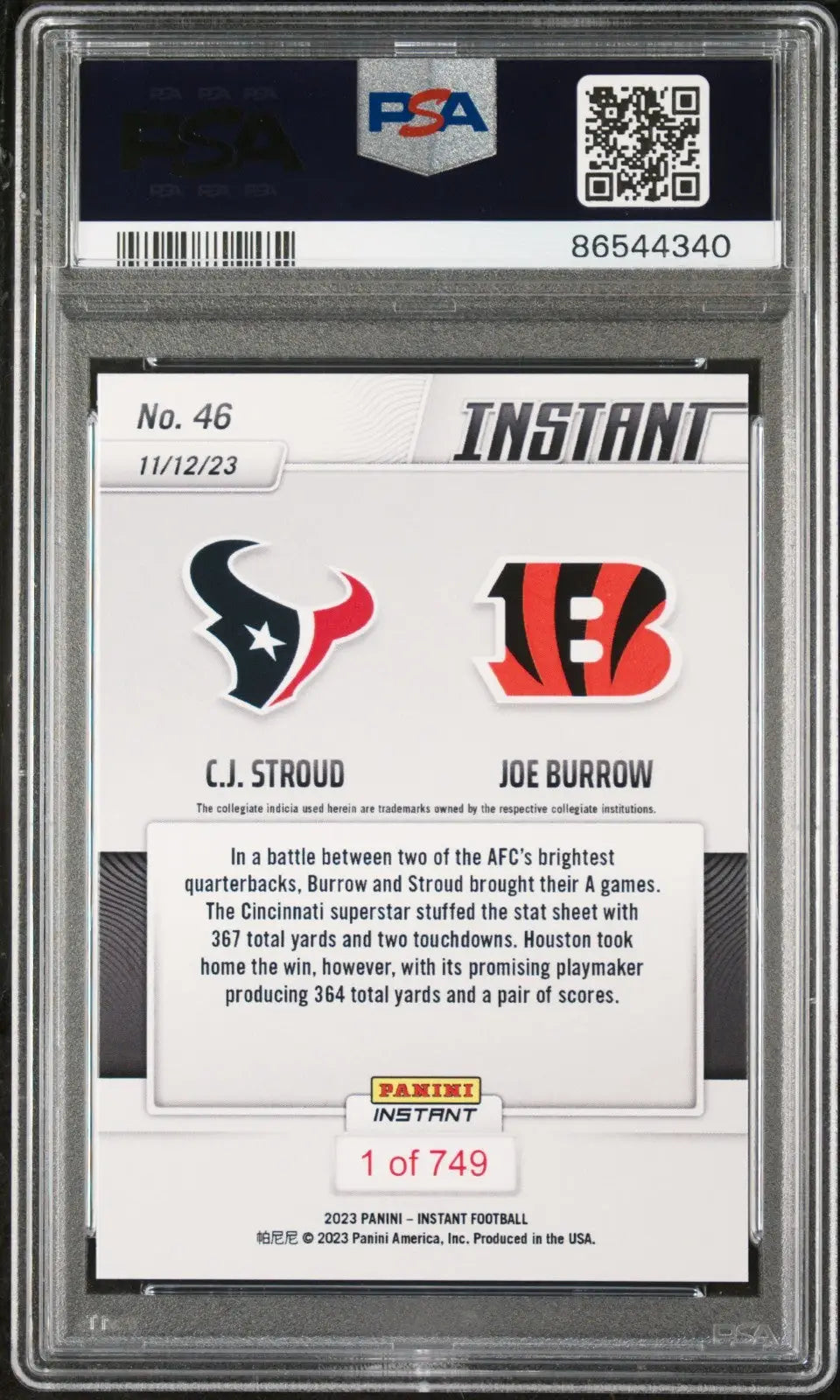 C. J. Stroud / Joe Burrow 2023 Panini NFL #46 Rookie Card 1 of 749 PSA 10 Gem - Football Card Single