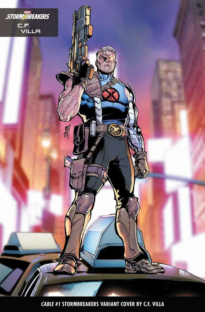 Futuristic cyborg soldier on vehicle showcasing Cable 1 C.F. Villa Stormbreakers Variant trading cards