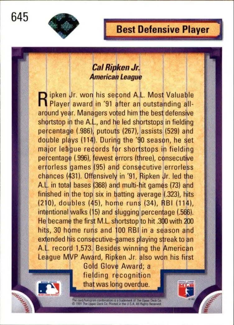 Cal Ripken 1992 Upper Deck MLB #645 DS Baseball Card Baltimore Orioles