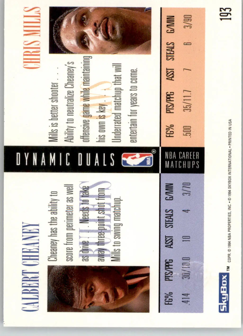 Calbert Cheaney / Chris Mills - 1994-95 SkyBox Premium - #193 - Basketball - Basketball Card Single