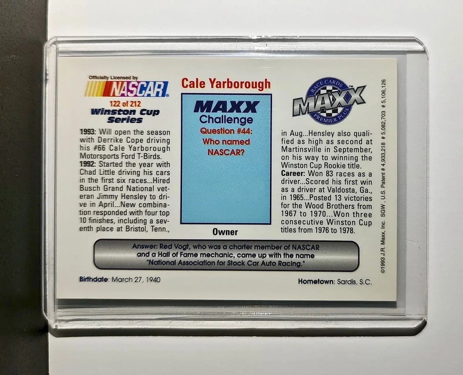 Cale Yarborough 1993 Maxx Premier Plus Racing #122 NASCAR Card Cale Yarborough - Racing Card Single