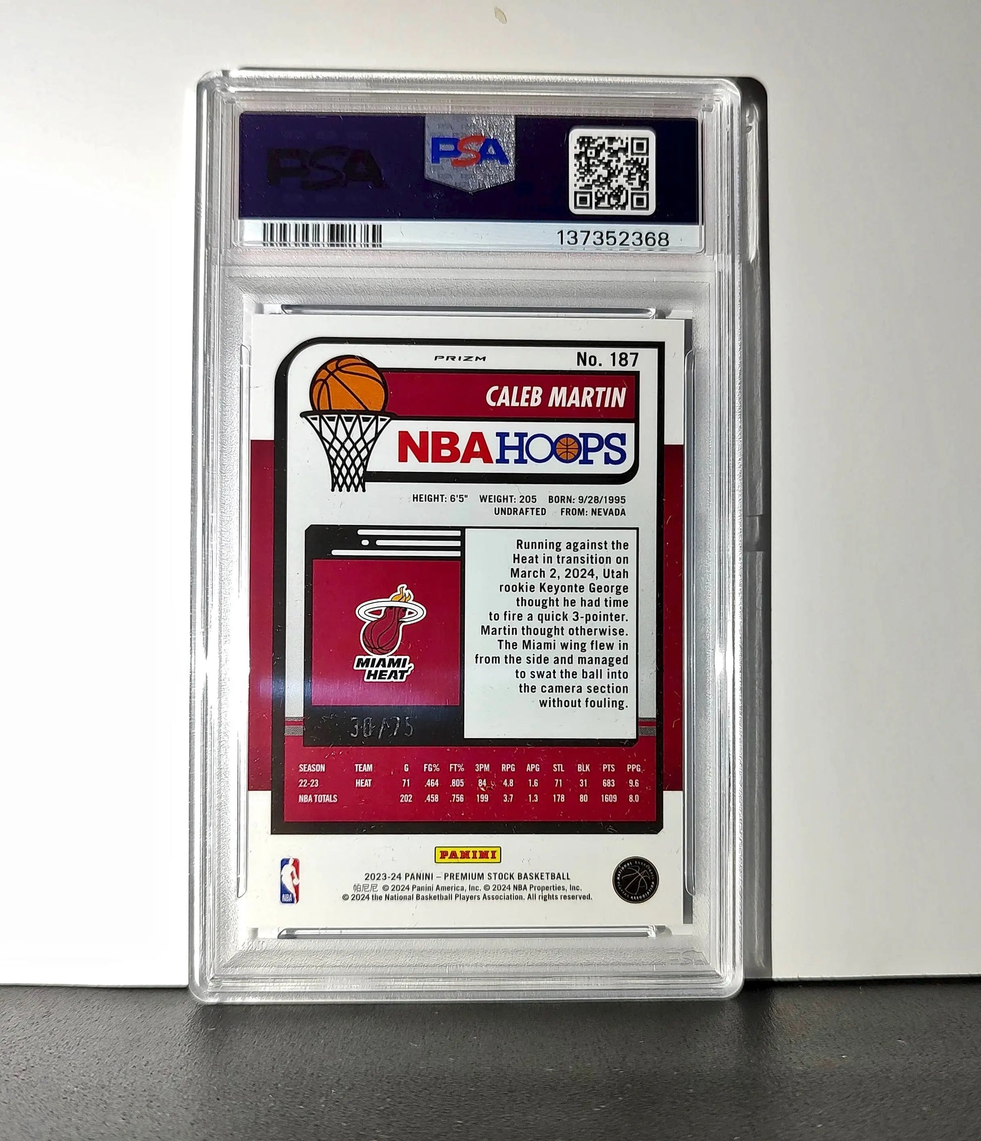 Caleb Martin 2023 Panini Hoops Premium #187 30/75 Blue Pulsar PSA 10 Gem Mint