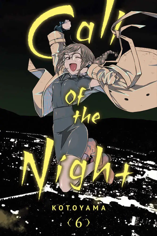 Manga night graphic with a character jumping in front of City Nightscape for Call Of The Night Volume 06