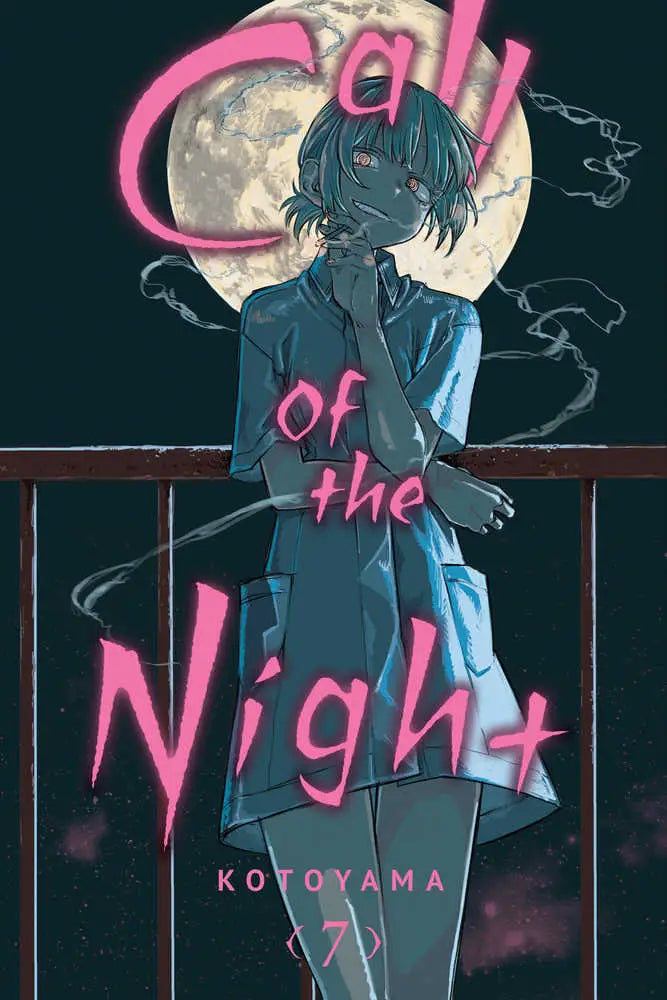 Manga comic book featuring a female character under a full moon in Call Of The Night night graphic