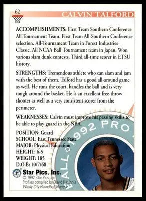 Calvin Talford 1992 Star Pics #62 East Tennessee State Buccaneers - Basketball Card Single