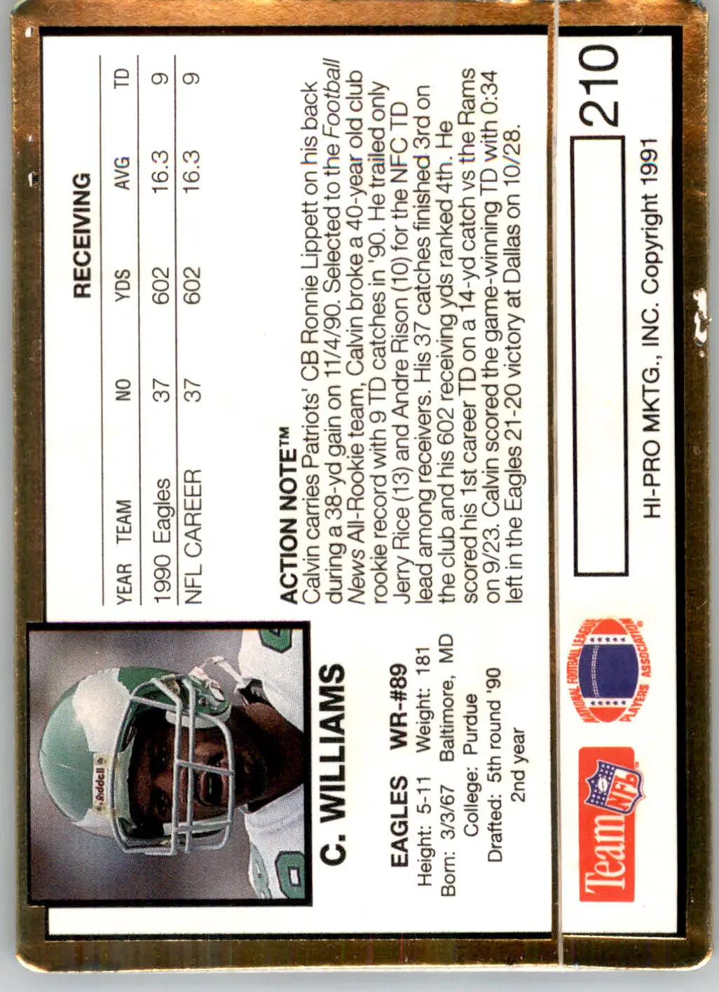 Calvin Williams - 1991 Action Packed - #210 - Football - Football Card Single