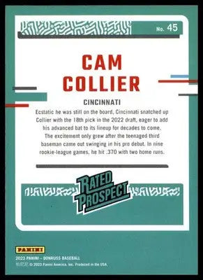 Cam Collier 2023 Donruss #45 Cincinnati Reds - Baseball Card Single