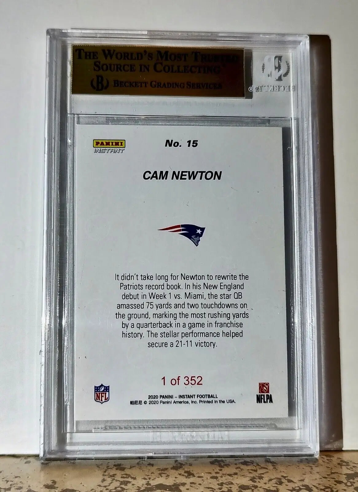 Cam Newton 2020 Panini NFL #15 Football Card 1/352 BGS 9.5 Gem Mint NE Patriots