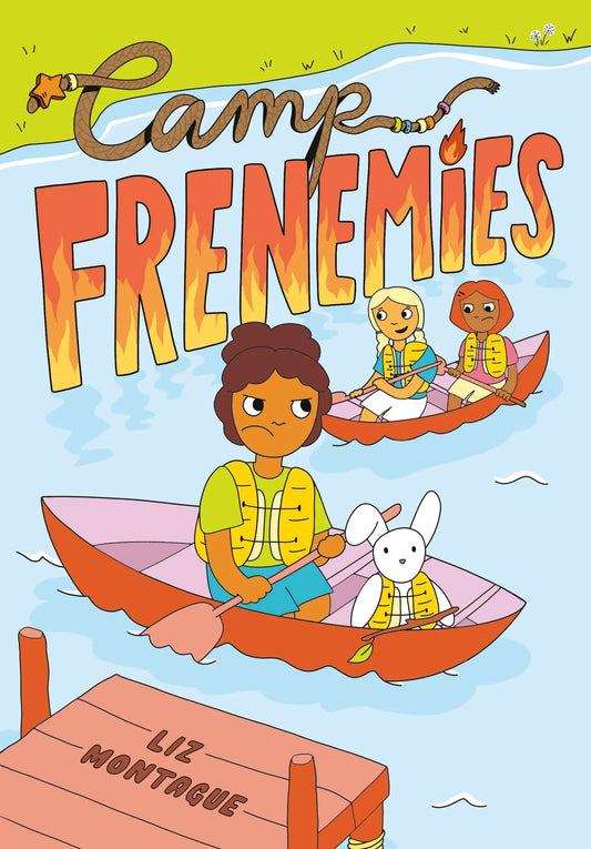 Camp Frenemies book cover featuring three preteen girls at summer sleepaway camp