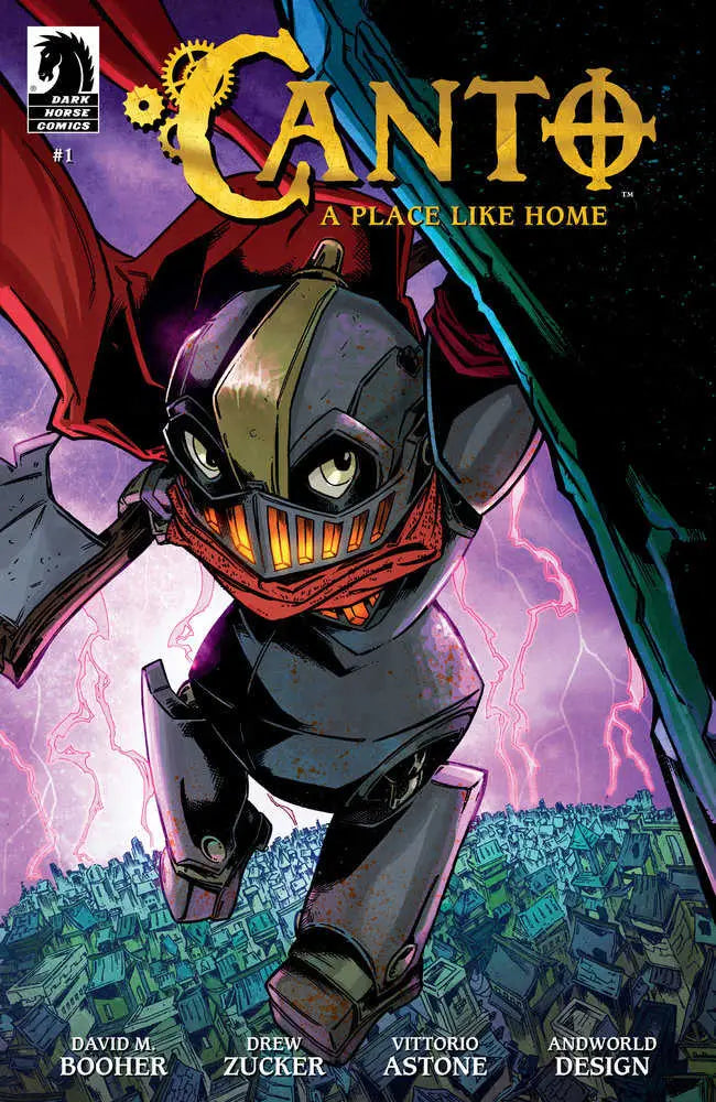 Dark armored shrouded man with glowing eyes on Canto: A Place Like Home #1 cover art