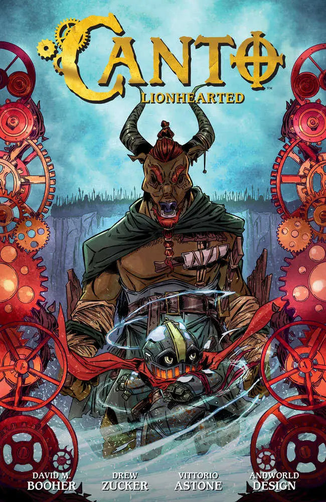 Comic book cover for Canto Volume 4 Lionhearted featuring a shrouded man and tiny clockwork knight