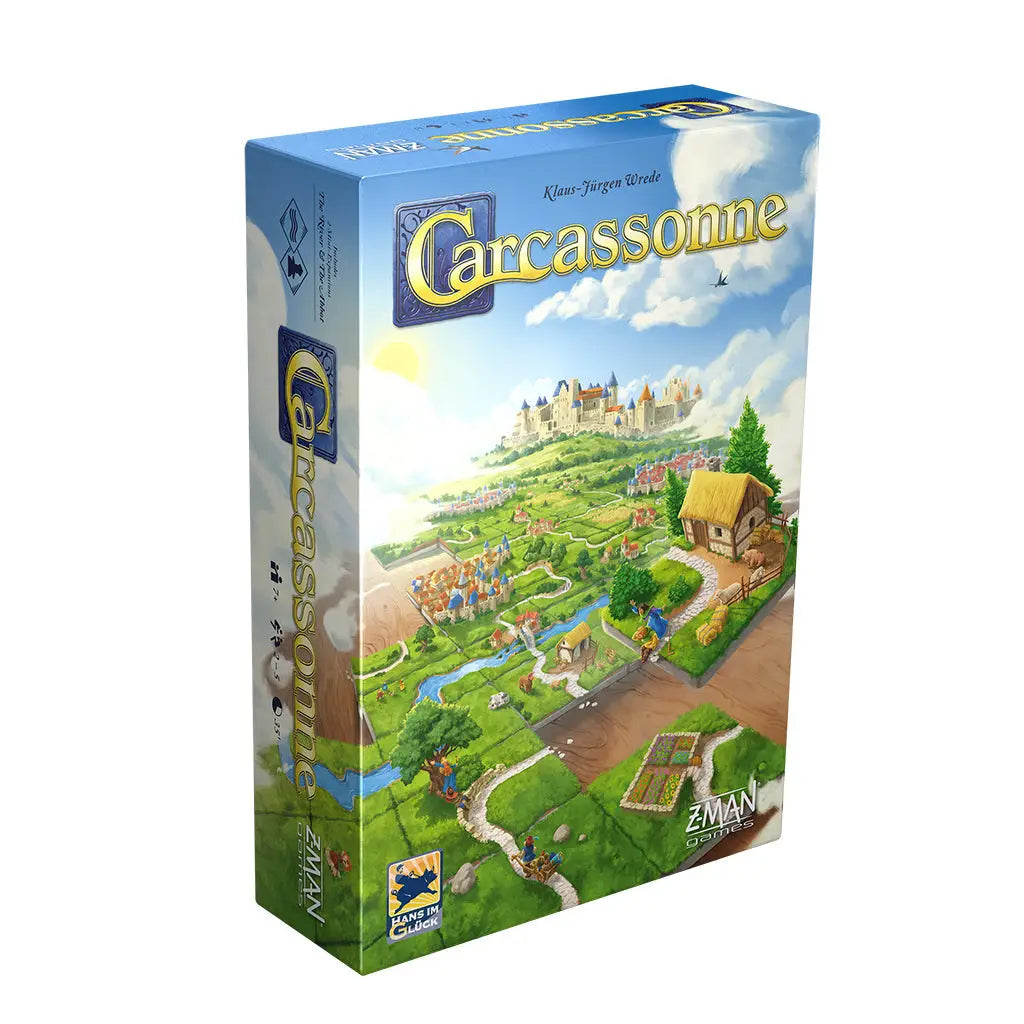 Board game Carcassonne in a light blue box with a medieval landscape design