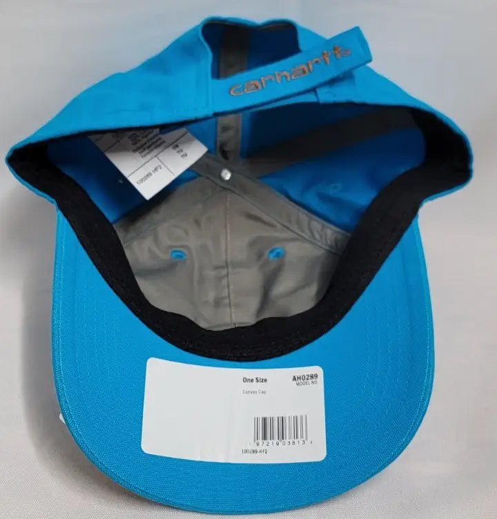 Bright blue Carhartt Force Canvas Patch Adjustable Cap with black band and gray underside