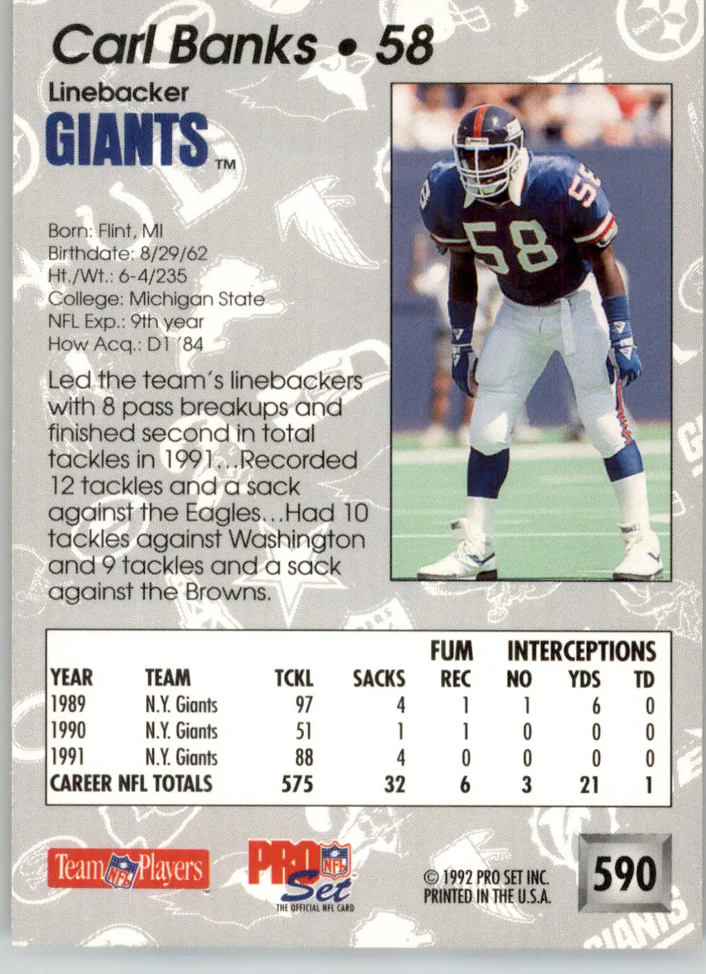 Carl Banks - 1992 Pro Set - #590 - Football - Football Card Single