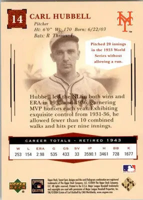 Carl Hubbell - 2004 Upper Deck Sweet Spot Classic - #14 - Baseball - Baseball Card Single
