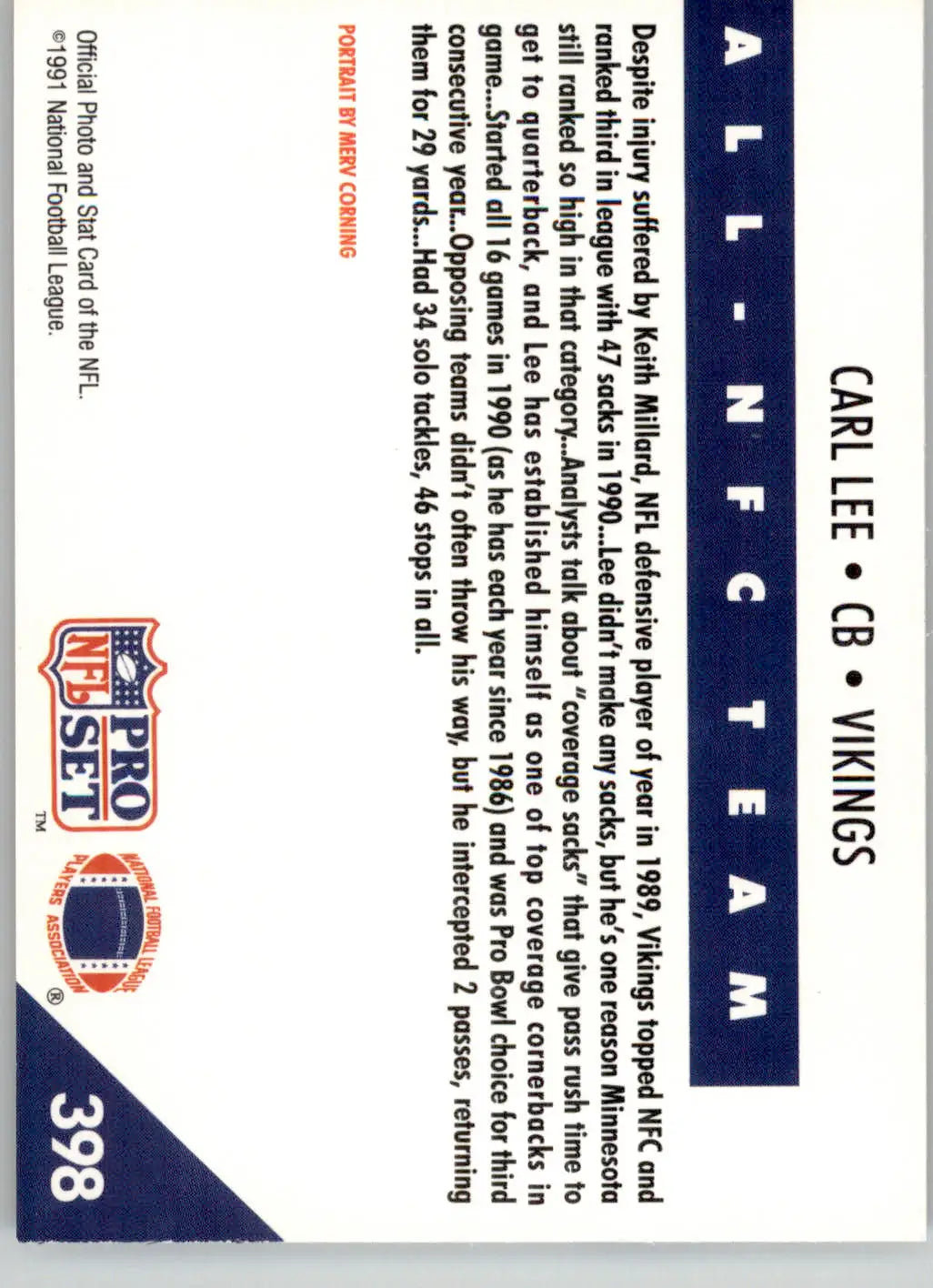Carl Lee - 1991 Pro Set - #398 - Football - Football Card Single
