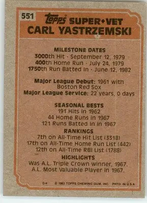 Carl Yastrzemski - 1983 Topps - #551 - Baseball - Baseball Card Single