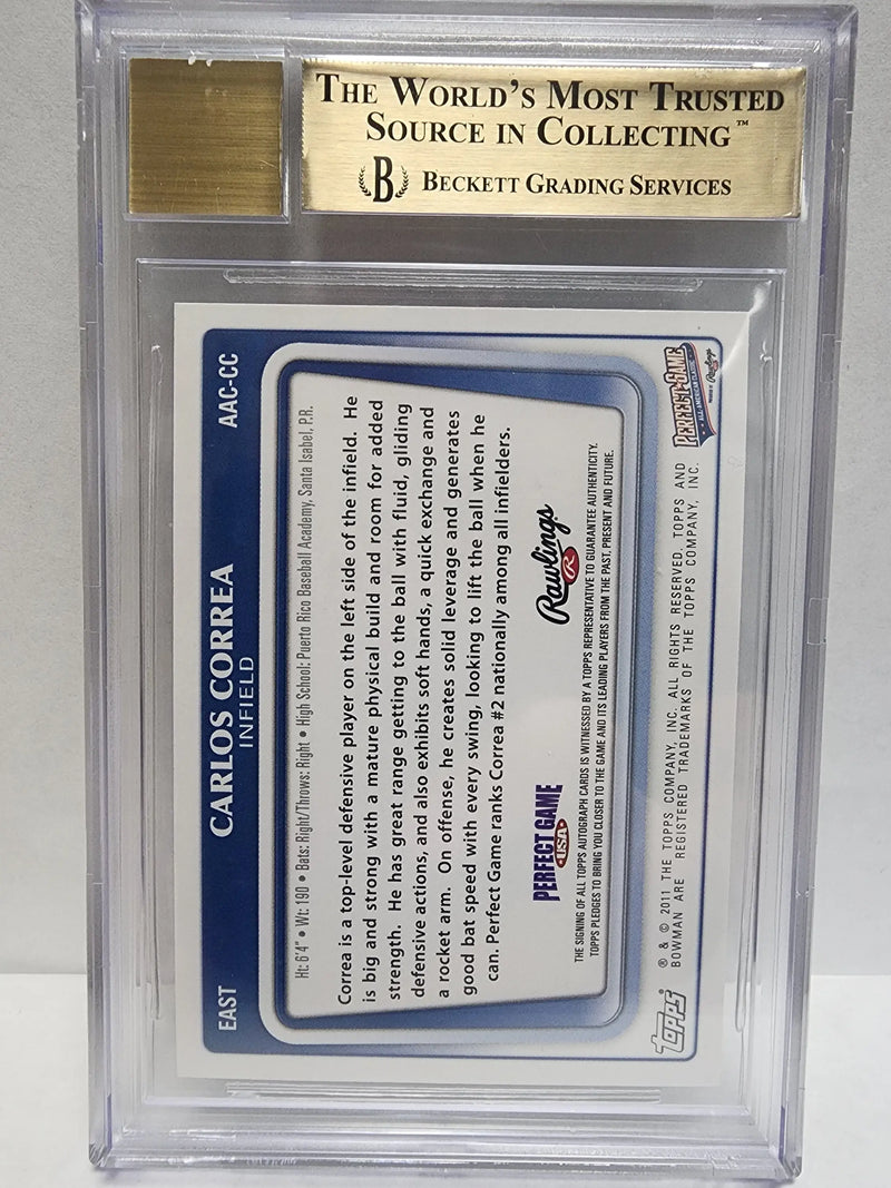 Carlos Correa Bowman Perfect Game Auto trading card in BGS holder, graded 9.5 auto 10