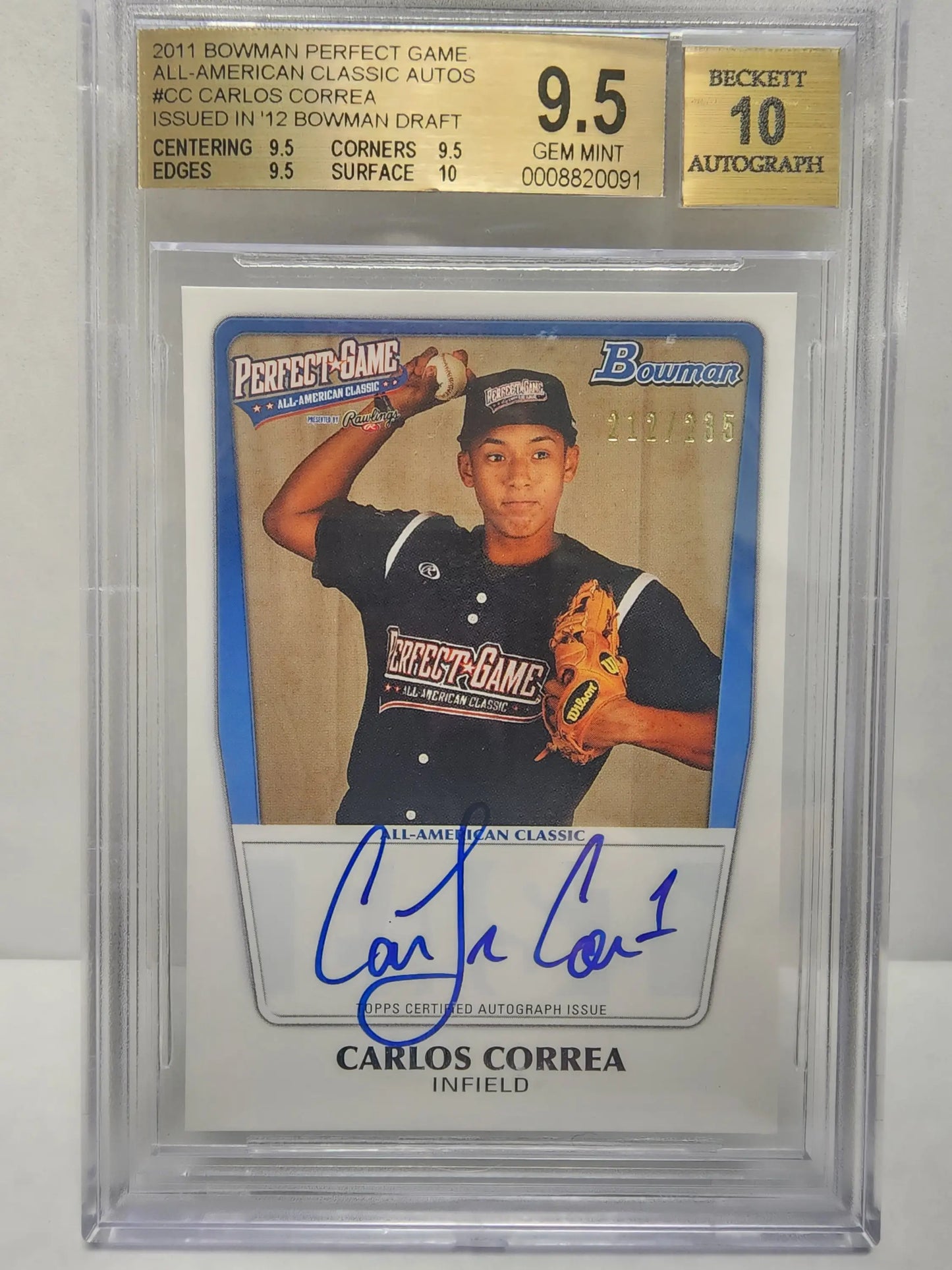 Graded Carlos Correa Bowman Perfect Game Auto baseball card with autograph and BGS 9.5
