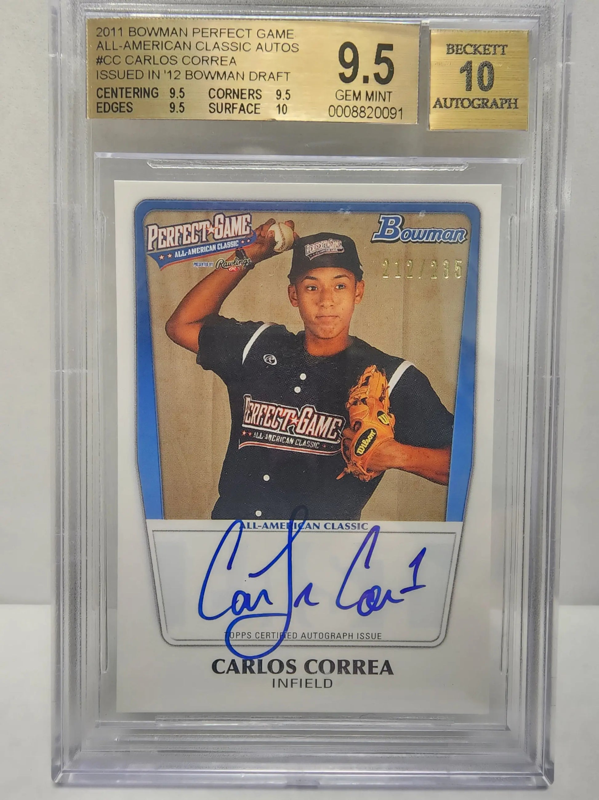 Graded Carlos Correa Bowman Perfect Game Auto baseball card with autograph and BGS 9.5