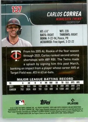 Carlos Correa - 2022 Stadium Club Chrome - #137 - Baseball - Baseball Card Single
