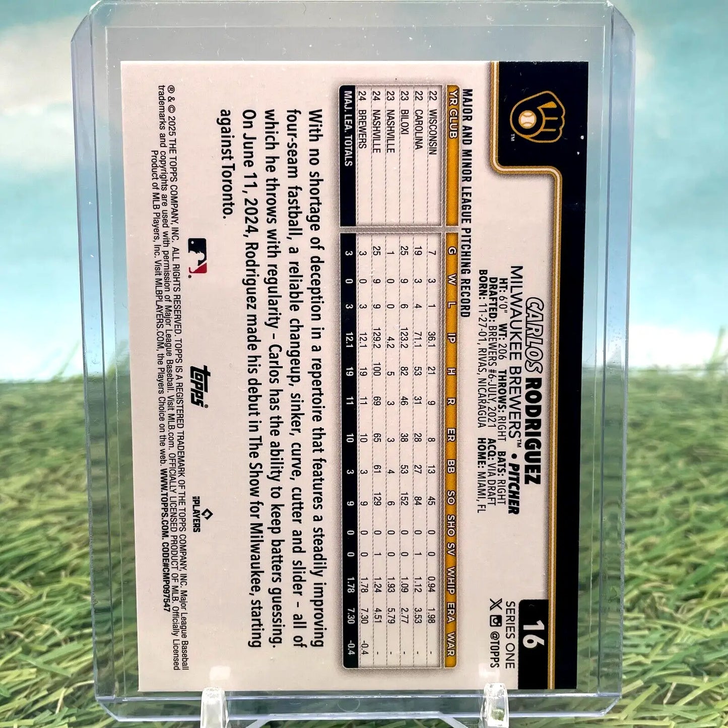 CARLOS RODRIGUEZ 2025 Topps Series 1 #16 Speckle Foil (RC) Rookie Brewers - Baseball Card Single