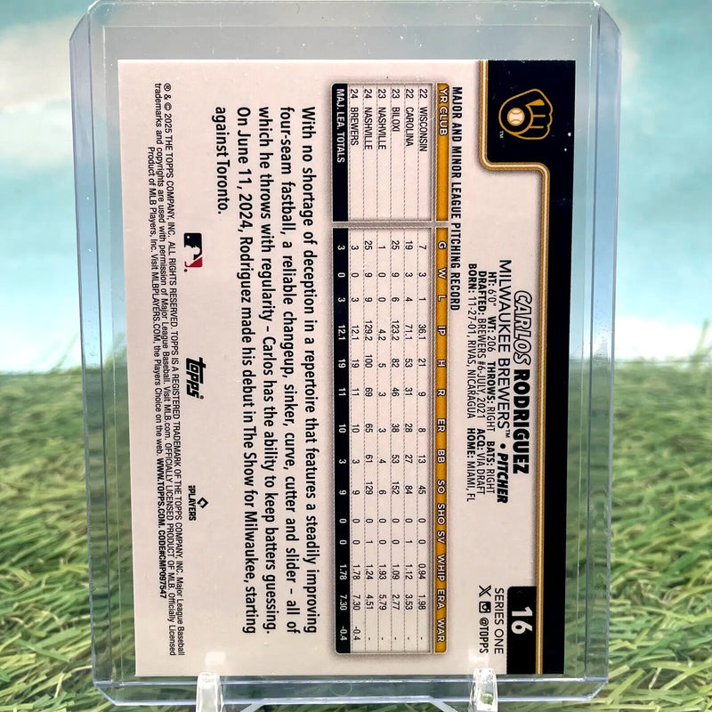CARLOS RODRIGUEZ 2025 Topps Series 1 #16 Speckle Foil (RC) Rookie Brewers - Baseball Card Single