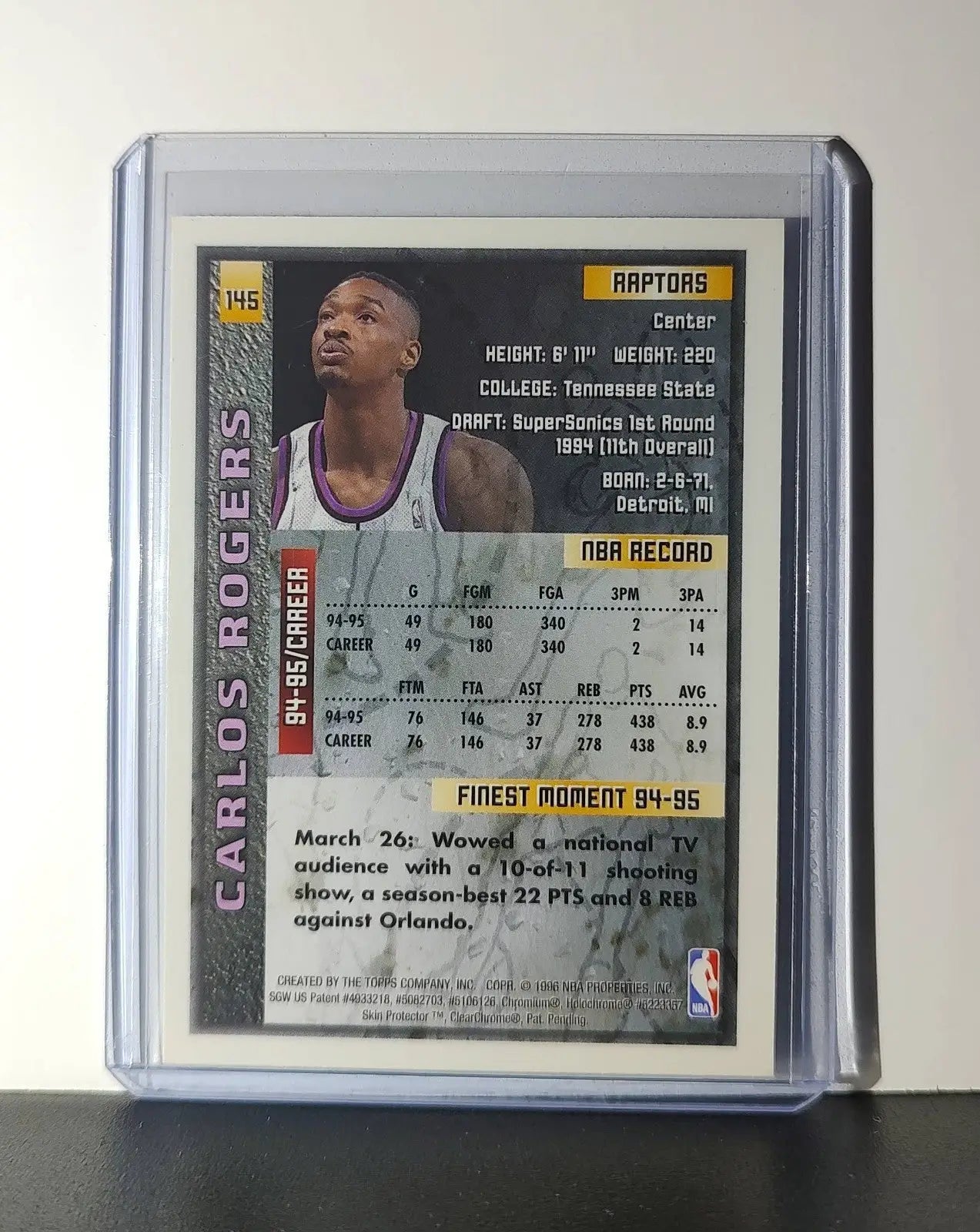 Carlos Rogers 1995-96 Topps Finest NBA #145 Card Toronto Raptors - Basketball Card Single