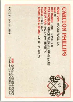 Carlton Phillips - 1990 Checkered Flag IHRA - #61 - Racing - Racing Card Single