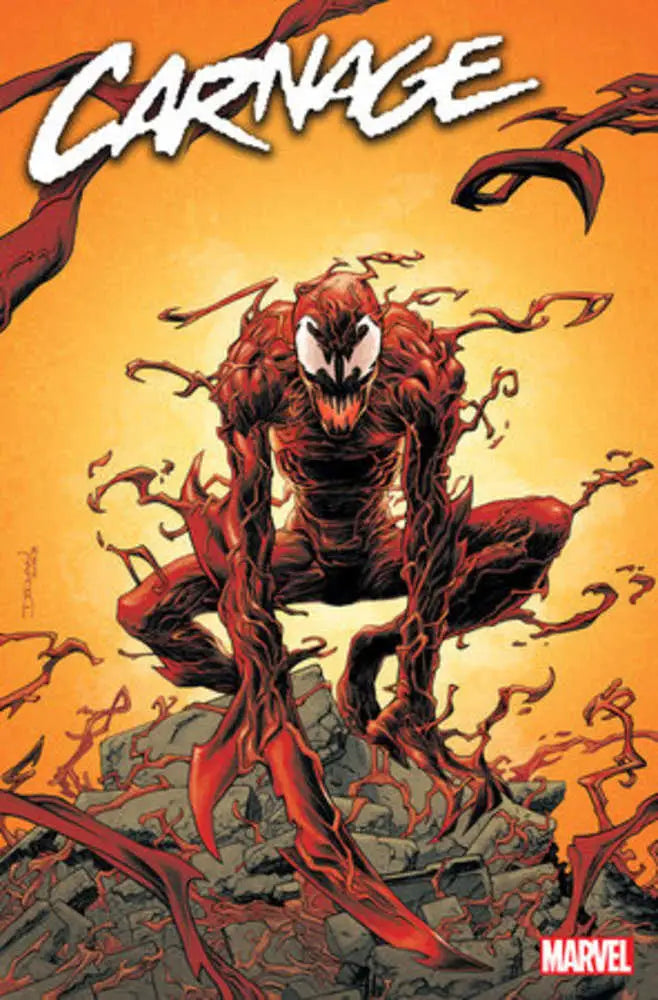 Red Carnage crouching with tendrils in the Carnage #1 Declan Shalvey Variant trading card