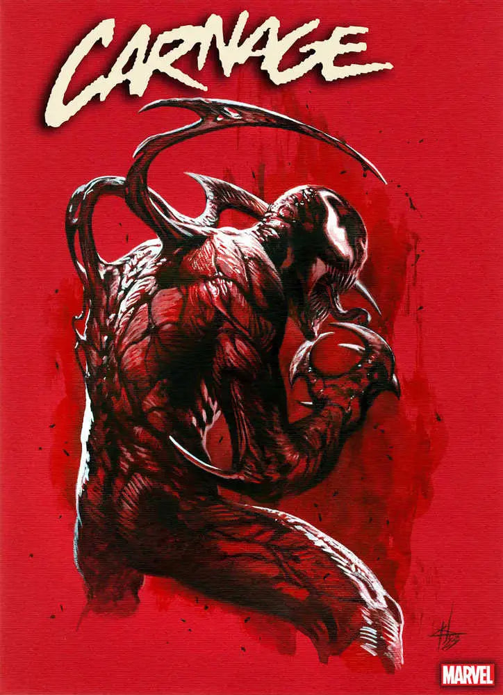 Menacing red symbiote creature on Carnage #1 Gabrielle Dellotto Foil Variant trading card