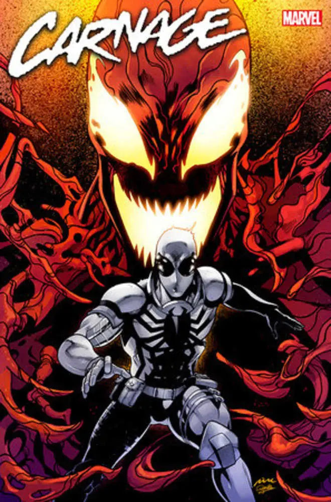 Carnage #1 Pere Perez Variant shows Carnage looming behind Agent Venom in Marvel comic