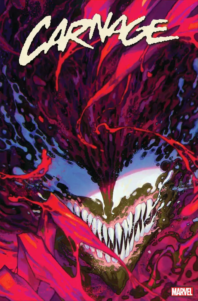 Menacing red symbiote creature with sharp teeth on Carnage #1 Rose Besch Variant trading card