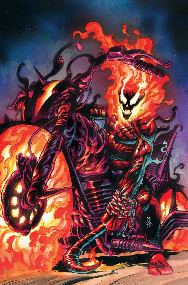 Flaming skeletal motorcycle rider with dark tendrils on Carnage #7 trading card variant