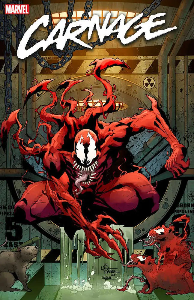 Red symbiote Carnage with sharp claws and white eyes in aggressive pose for trading cards
