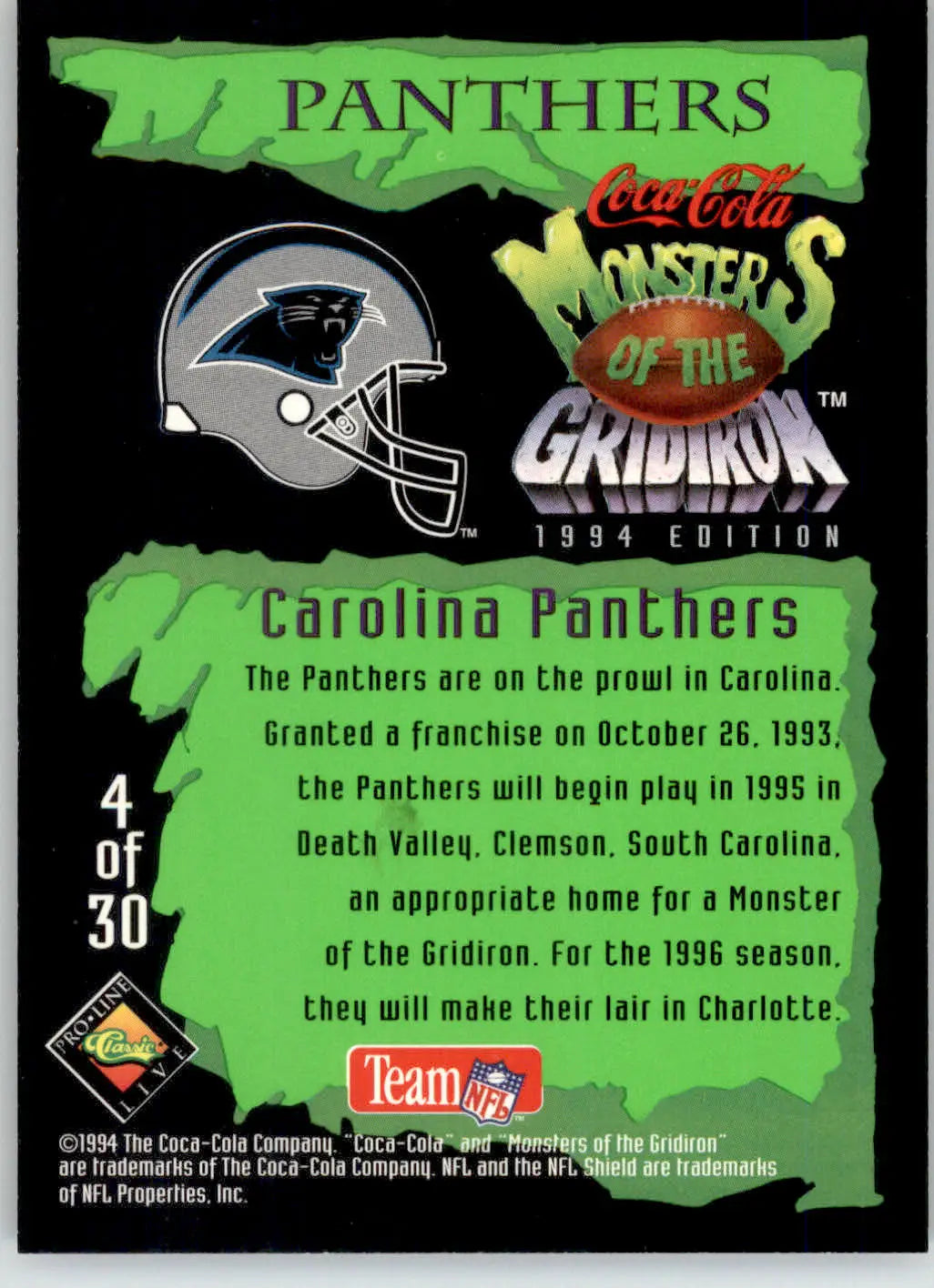 Carolina Panthers - 1994 Coca-Cola Monsters of the Gridiron - #4 - Football - Football Card Single