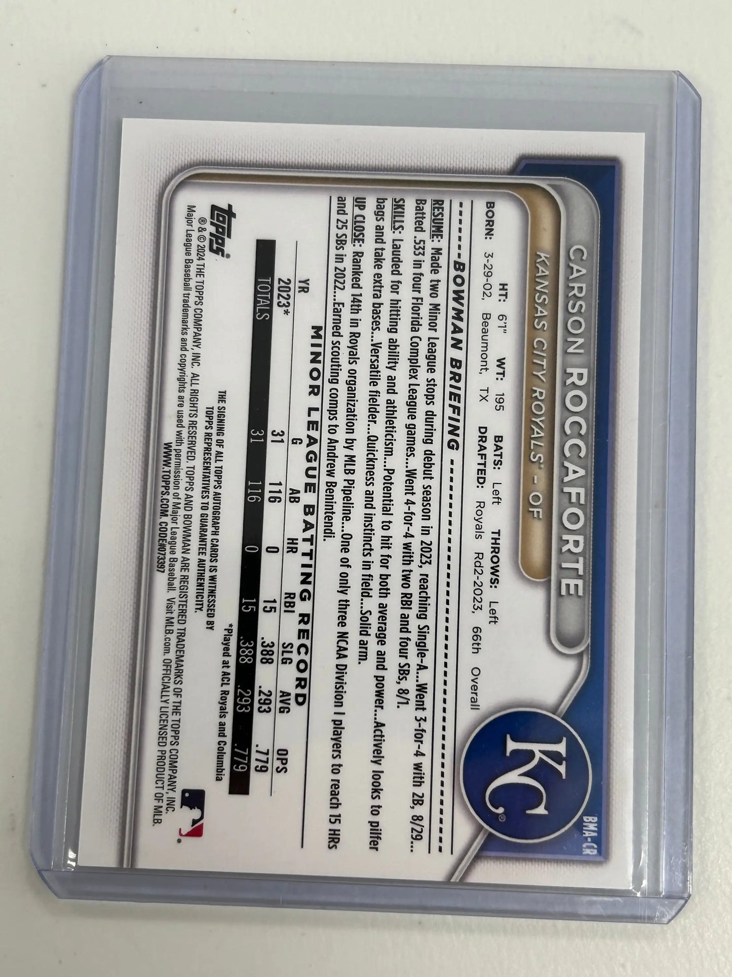 Carson Roccaforte 2024 Bowman Chrome Mega Black Auto #1/1 - Baseball Card Single