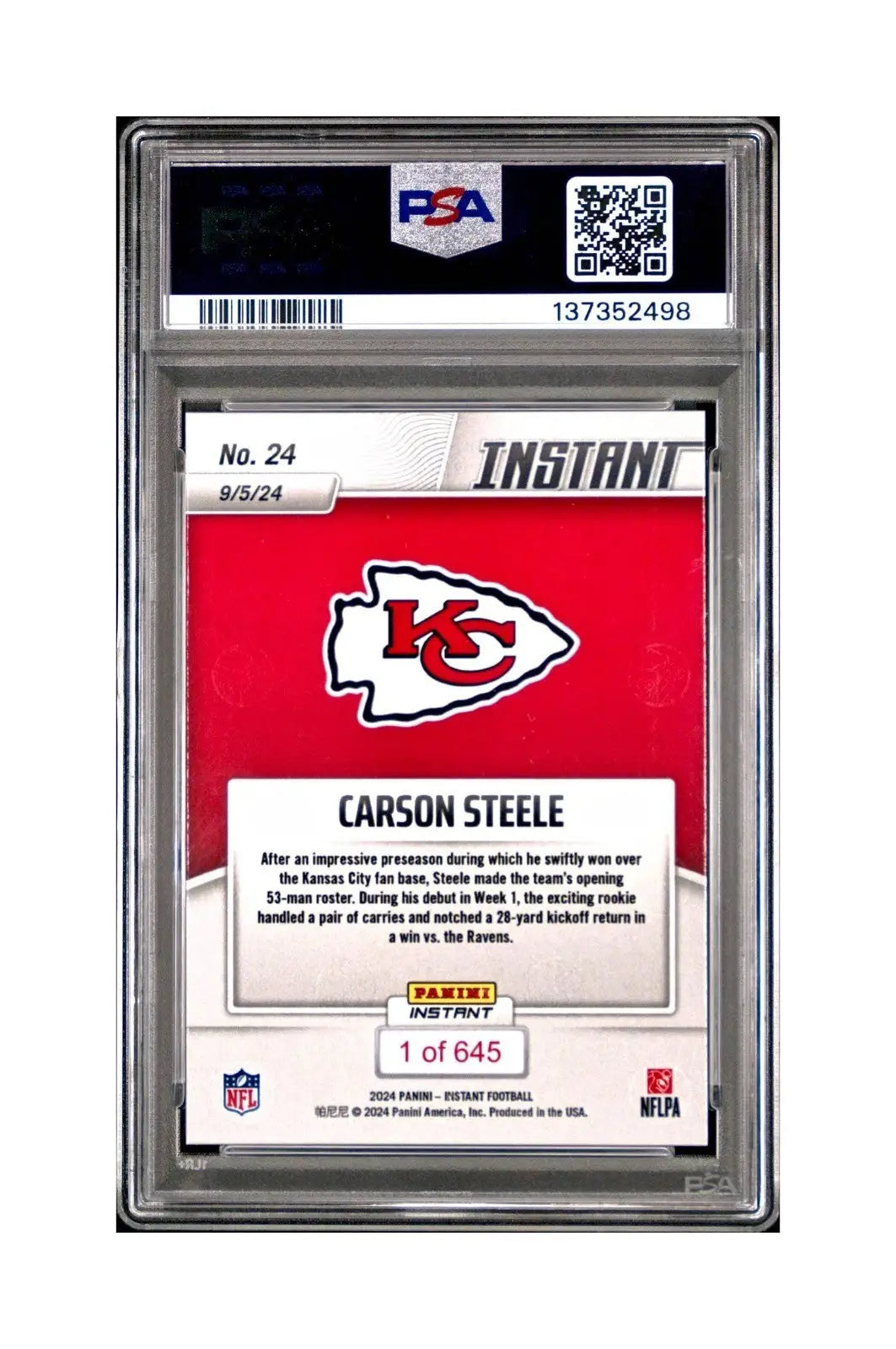 Carson Steele Rookie 2024 Panini Instant NFL #24 PSA 10 Gem Mint