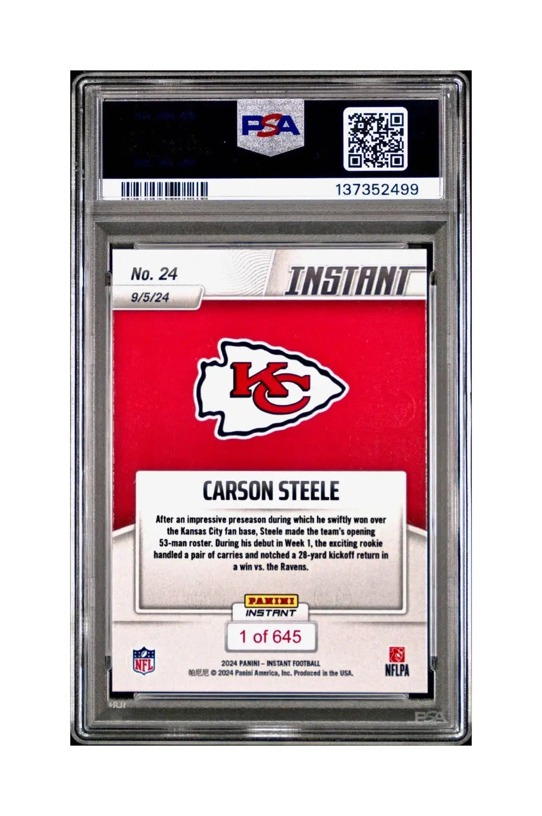Carson Steele Rookie 2024 Panini Instant NFL #24 PSA 9 Mint