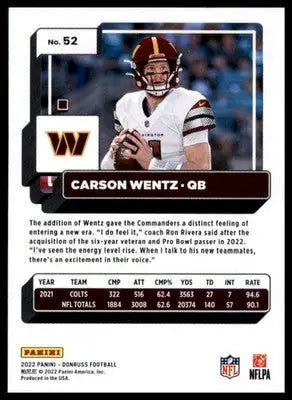 Carson Wentz 2022 Donruss #52 Washington Commanders - Football Card Single