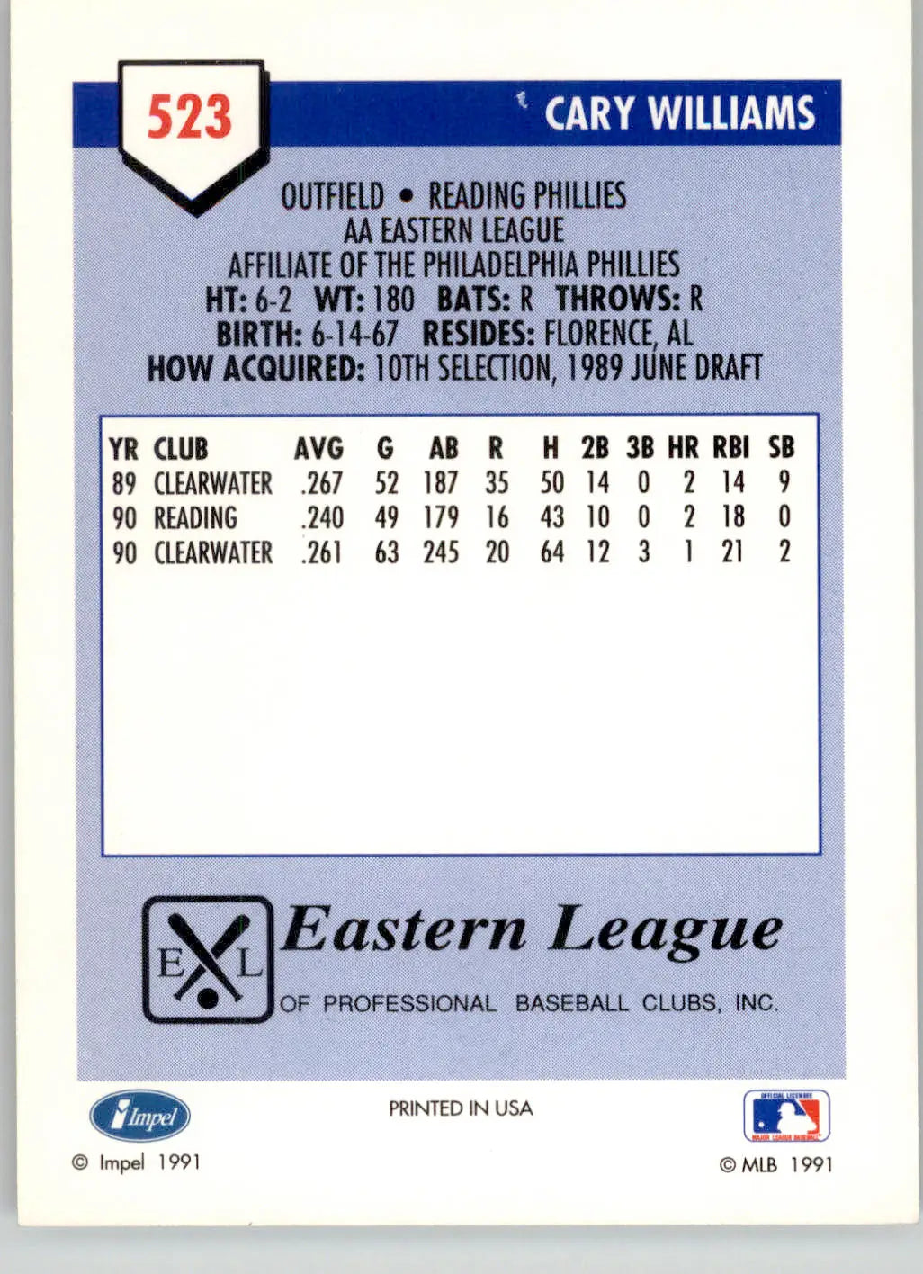 Cary Williams - 1991 Line Drive AA - #523 - Baseball - Baseball Card Single