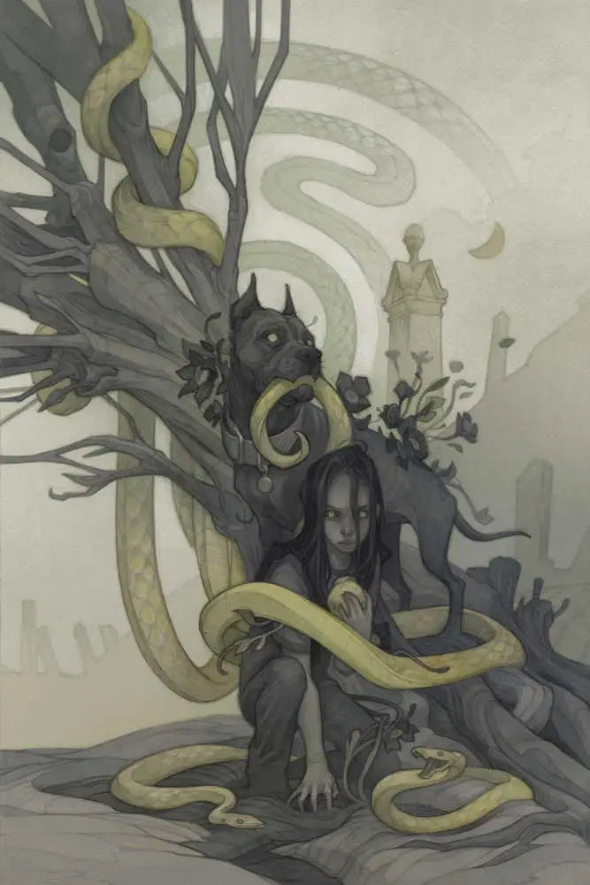 Dark figure entwined with yellow serpents in gothic style on Castle Full Of Blackbirds #3 cover