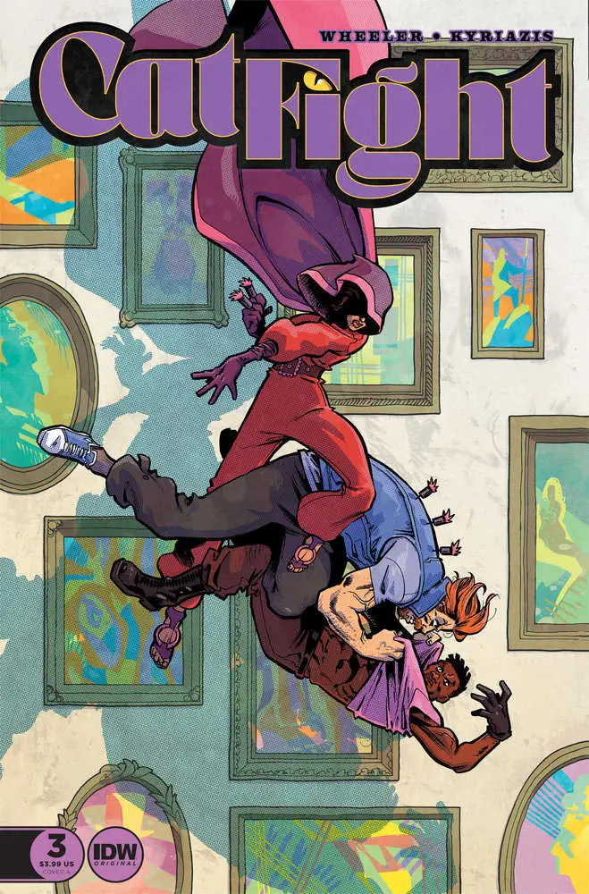 Comic book cover of Cat Fight #3 with characters tumbling through space and framed art
