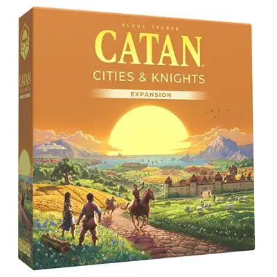 Catan Cities & Knights Expansion 6th Edition with sunset landscape, majestic cities, marauding invaders