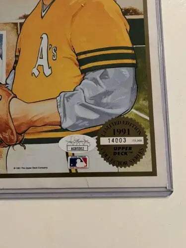 Framed baseball card of Catfish Hunter from Upper Deck Heroes 1991 Oakland A’s