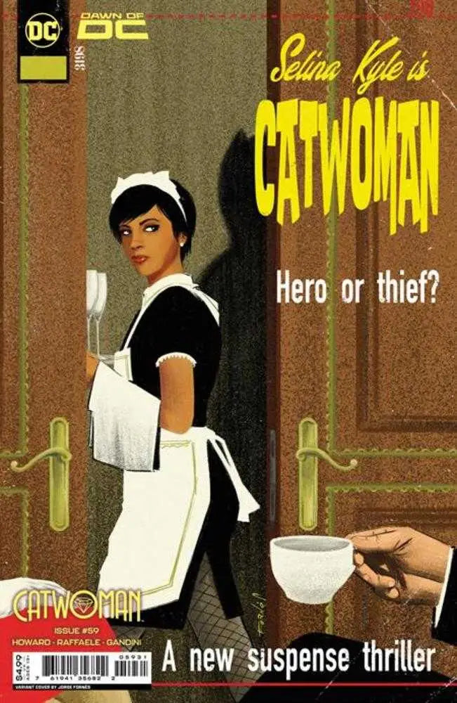 Catwoman #59 Cover C features Catwoman as a maid with a serving tray in trading cards