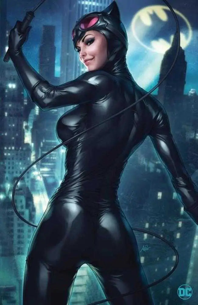 Sleek Catwoman figure in black catsuit poses on moonlit cityscape cover art