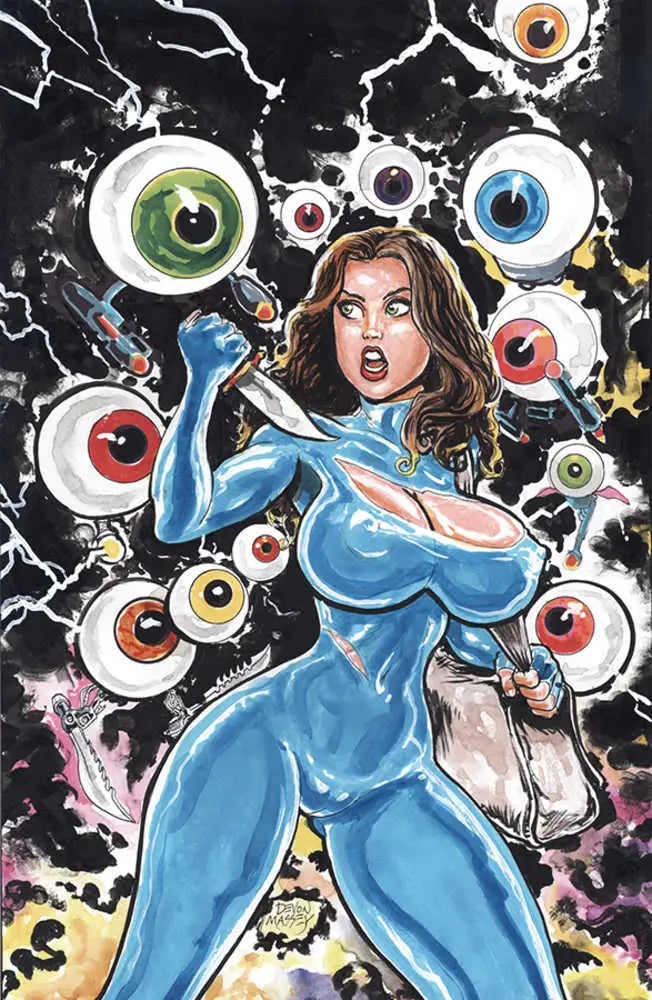 Comic book cover of Cavewoman Return To Markhams Mansion with blue figure and eyeballs