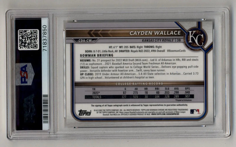 Cayden Wallace 2022 Bowman Chrome Draft Gold Wave Refractor Auto 25/50 PSA 10 Gem Mint Auto 10 - Baseball Card Single